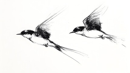 A pair of swallows captured in mid flight with minimal ink strokes and subtle shading creating a serene and depiction of the birds  graceful aerial movements and delicate form
