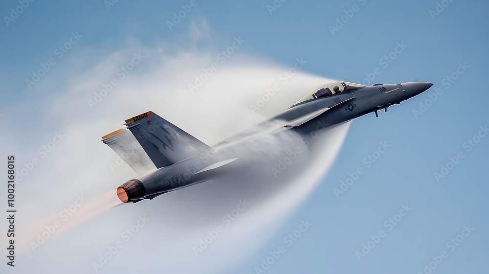 Poster a powerful fighter jet breaking the sound barrier with the capturing the shockwave and condensation 
