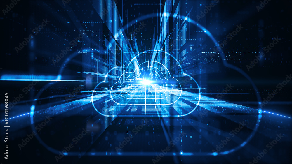 Poster futuristic cloud computing and digital data transformation technology and big data and cybersecurity