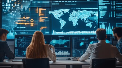 A team analyzes data on multiple screens displaying global statistics and digital maps in a high-tech workspace.