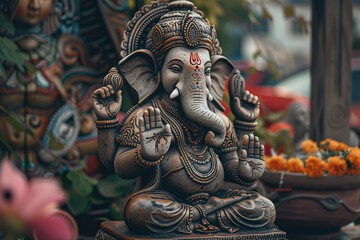 Obraz premium Beautiful greeting card with bright holiday composition for happy celebrate Ganesh Chaturthi
