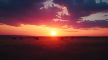 African Sunset with Elephants Silhouettes in the Savanna