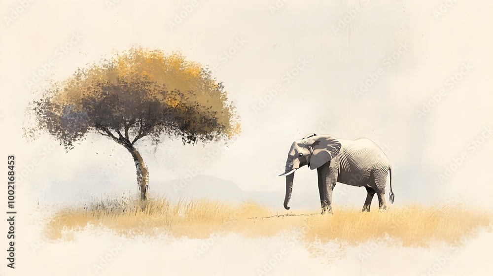 Aufkleber a serene and tranquil elephant silhouette stands peacefully near a lone tree its large gentle form r