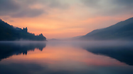 Fototapeta premium Misty Lake Sunrise with Castle Reflection