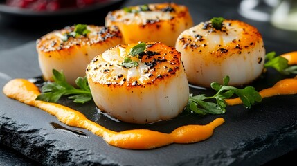 Exquisite Mexican Sea Scallops in Citrus Sauce on Elegant Black Stone Plate