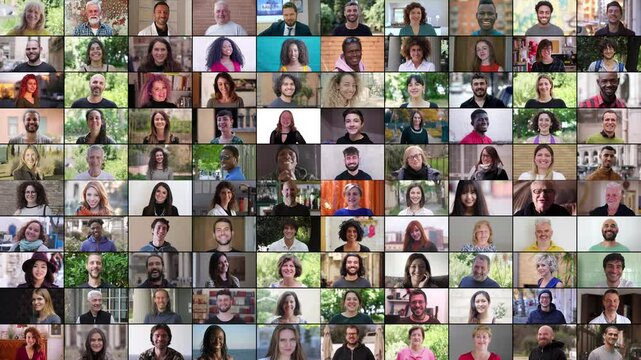 Multiscreen of 100 people smiling, diverse backgrounds