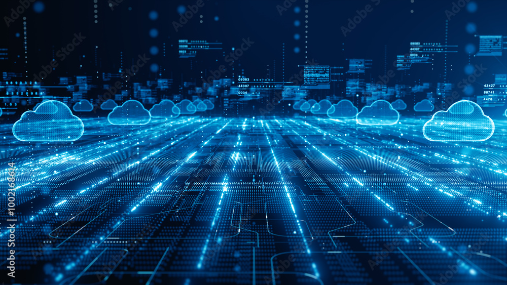 Poster futuristic cloud computing network with glowing digital pathways, representing cloud technology, dat