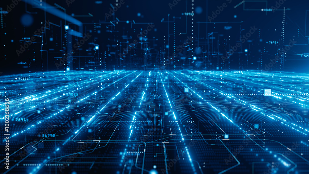 Aufkleber Digital Cyberspace with Particles and Digital Data Network Connections, Technology Digital Data Abstract Background, Data Analysis and Access to Digital Data, 3D Rendering