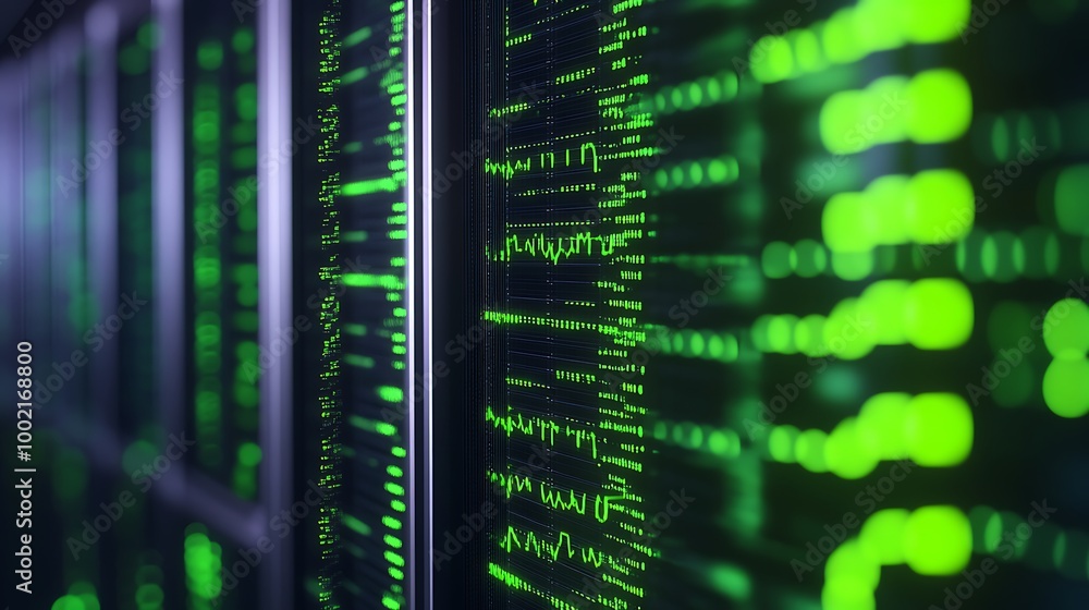 Poster Close-up of a server rack with green glowing lights displaying data.