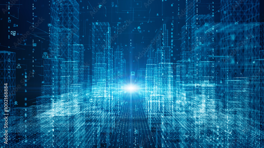 Aufkleber High-speed internet connection data analysis process motion abstract background concept. Digital City, Digital cyberspace with particles and Digital data network connections, 3D Rendering