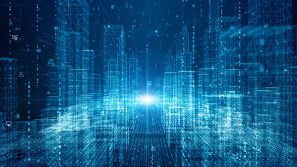 High-speed internet connection data analysis process motion abstract background concept. Digital City, Digital cyberspace with particles and Digital data network connections, 3D Rendering