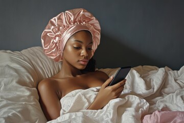 Bonnet Portrait: Young African American Girl Relaxing on Bed with Phone