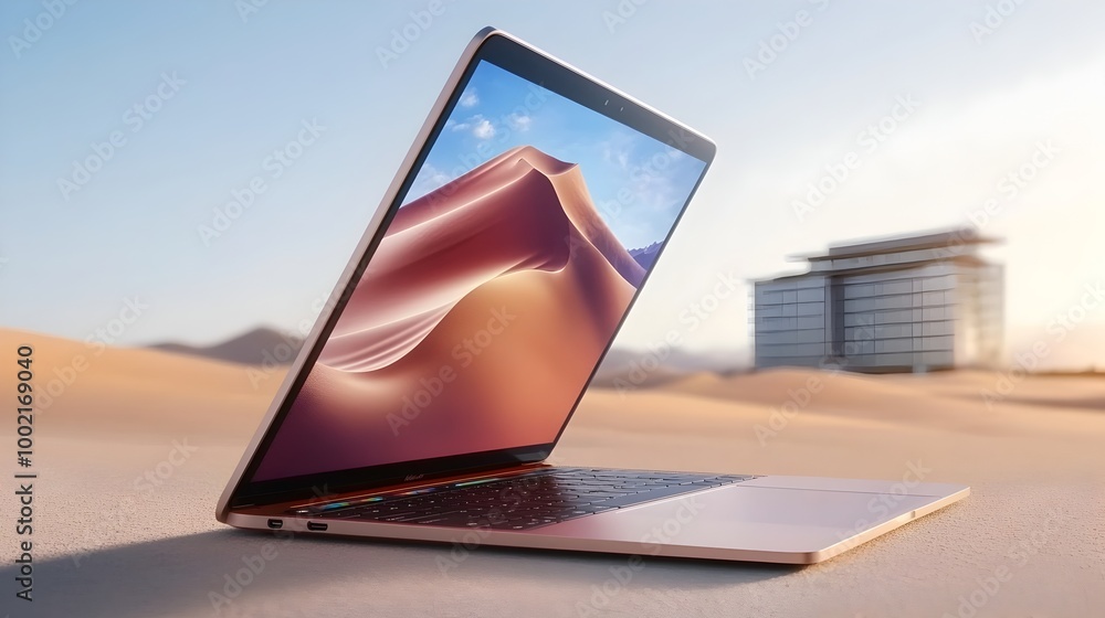 Poster A sleek laptop open in the desert with a mirage of an office building appearing in the background creating a surreal and conceptual workspace scene