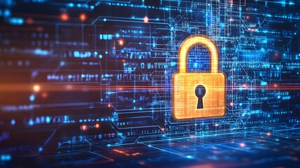 Digital lock symbol representing secure internet connections and data encryption, glowing in a matrix of futuristic code