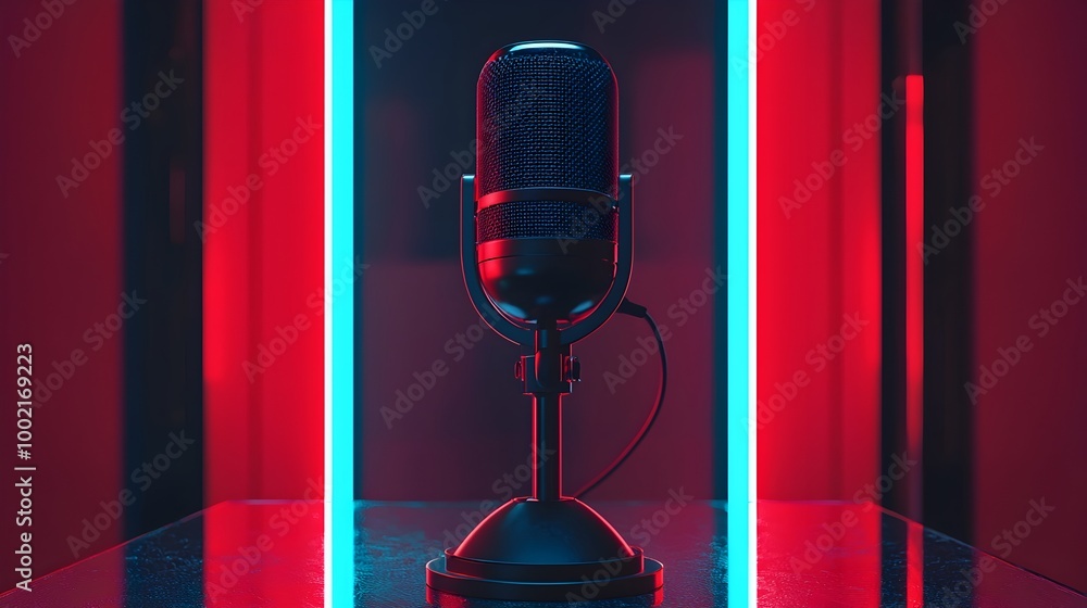 Aufkleber a sleek modern microphone set against a mirrored surface reflecting vibrant futuristic neon lights f
