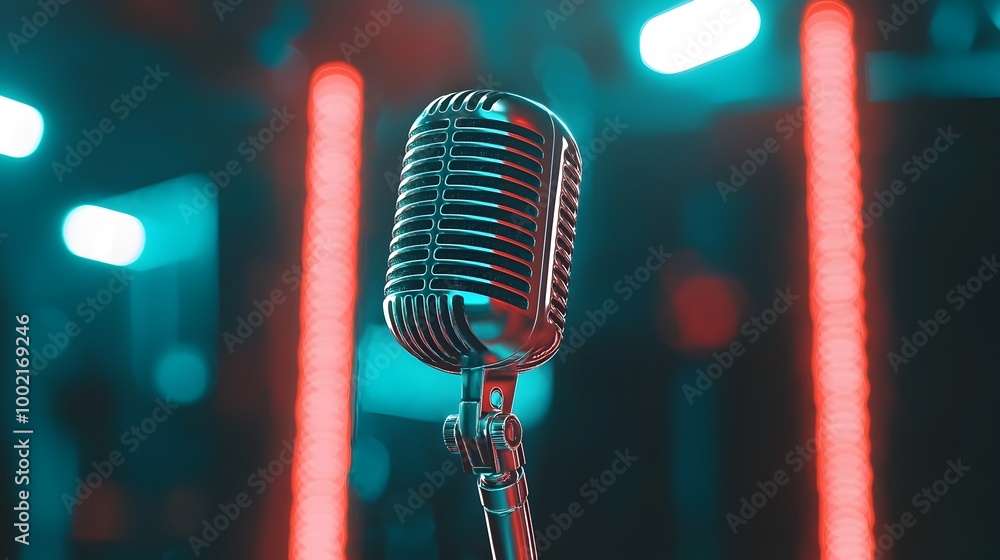 Poster A sleek modern microphone set against a mirrored surface reflecting mesmerizing futuristic neon lights in a high tech digital studio environment