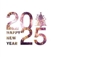 Fototapeta premium 2025 New Year with a firework greeting with dark purple numbers and a stylized Christmas tree, creating a modern holiday design on a white background with copy space. 3D Rendering