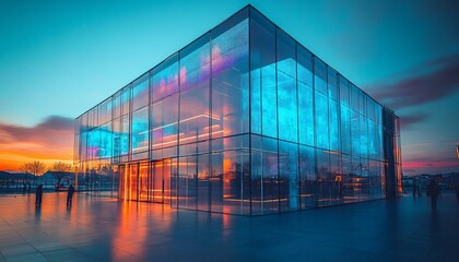 Fototapeta premium Modern glass building with colorful lights reflecting on the ground at sunset.