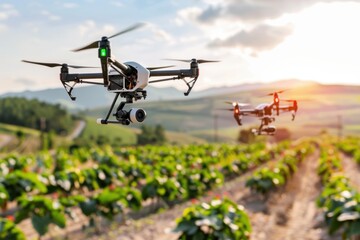 A drone swarm monitoring an agricultural field, representing innovation in precision agriculture