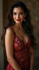 Fototapeta premium Elegant Woman in Red Embellished Evening Gown