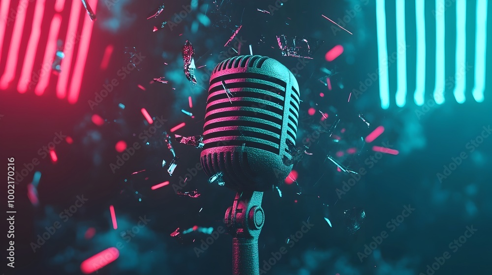 Leinwandbilder A striking image of a microphone surrounded by shattered neon light tubes creating a burst of vivid glowing color in the darkness  The scene has a dynamic electrifying and avant garde feel