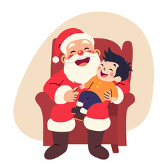 Happy child sitting on Santa Claus's lap. Сhild asks Santa for a gift. Little boy makes a wish to Santa