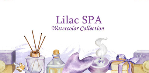 Spa Theme in Purple Tones. Watercolor Illustration. For Beauty and Health. Natural Stone Face Massager, Lavender Sprig, Soaps. Banner. Skin Care Tool. for Web, Blog, Social Media