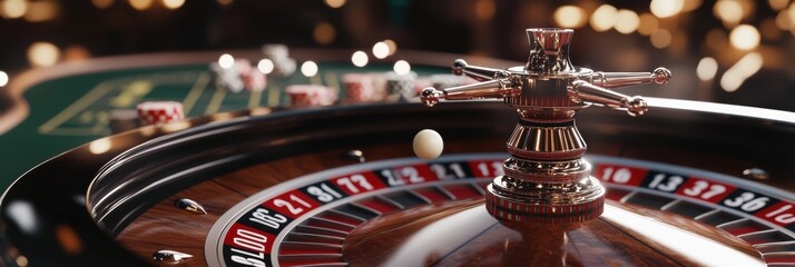 Close-up of a spinning roulette wheel with a ball bouncing among numbers and casino chips scattered on the table. Generative AI