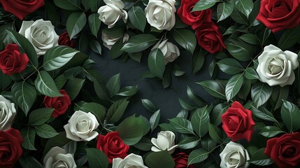 A classic flowers border with elegant red and white roses intertwined with green leaves, framing both sides of the image. 8k UHD, suitable for high-quality printing or digital display. 