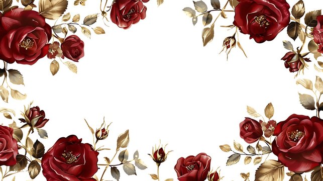 A luxurious flowers border with deep red roses and gold accents, creating an opulent and classic look for invitations or decorations. 8k UHD, suitable for high-quality printing or digital display. 