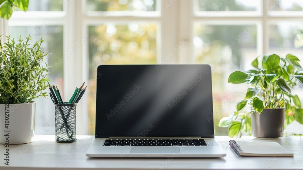 Poster a clean and minimalist workspace with only a laptop and a notepad on the desk, set in a bright, airy