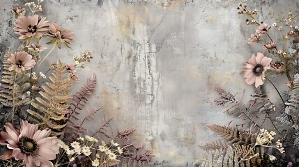 A rustic flowers border featuring wildflowers and ferns in muted earth tones, arranged asymmetrically along one side of the image. 8k UHD, suitable for high-quality printing or digital display. 