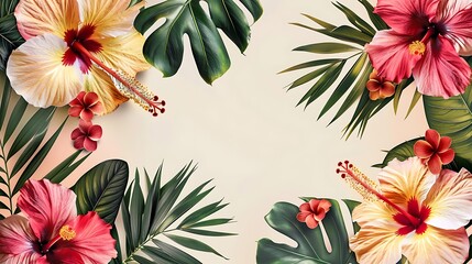 A tropical flowers border featuring hibiscus, orchids, and palm leaves, arranged along the bottom of the design for a fresh, summery feel. 8k UHD, suitable for high-quality printing or digital 