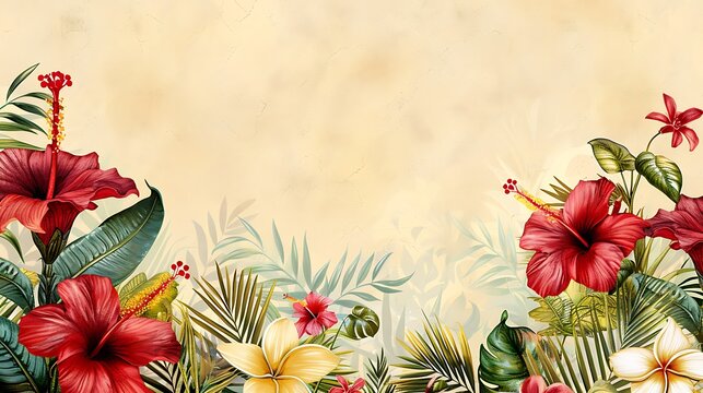 A tropical flowers border featuring hibiscus, orchids, and palm leaves, arranged along the bottom of the design for a fresh, summery feel. 8k UHD, suitable for high-quality printing or digital 