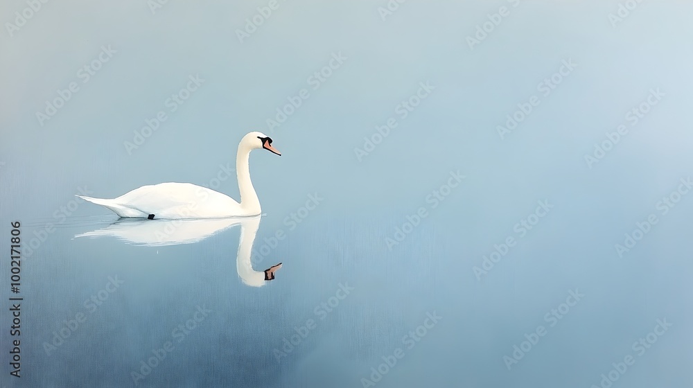 Poster An elegant swan gracefully gliding across the still serene waters of a lake with gentle ripples formed by subtle ink wash like textures and patterns