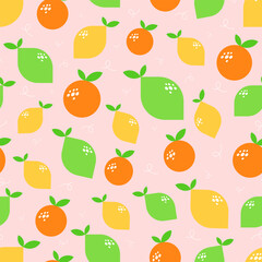 Vector pattern with yellow lemon, green lime and orange on a pink background