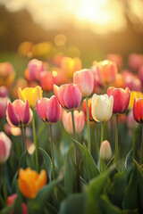 A vibrant field of multicolored tulips bathed in warm golden sunlight, creating a serene and picturesque scene. © Steven