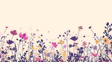 A whimsical border of hand-drawn wildflowers in shades of purple, pink, and yellow, scattered across the top and bottom edges. 8k UHD, suitable for high-quality printing or digital display. 