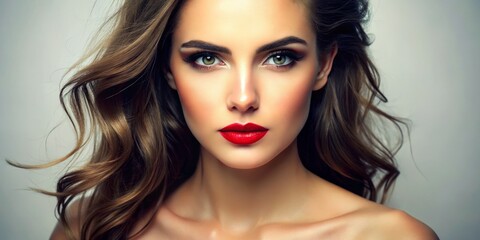 Fototapeta premium An exquisite portrait featuring a woman with immaculate skin, confidently posed against a bright white background,