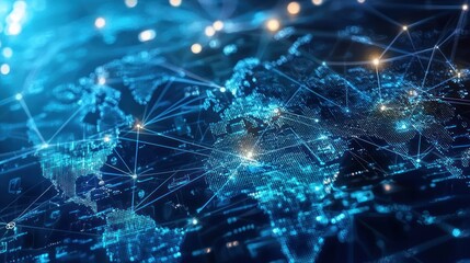 A conceptual image of digital devices, all interconnected globally, representing worldwide connectivity.