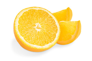 Close up view of sweet ripe juicy bright orange citrus fruit with sour taste cut and sliced isolated on white background eaten fresh raw as a dessert and as food ingredient as rich source of vitamin C