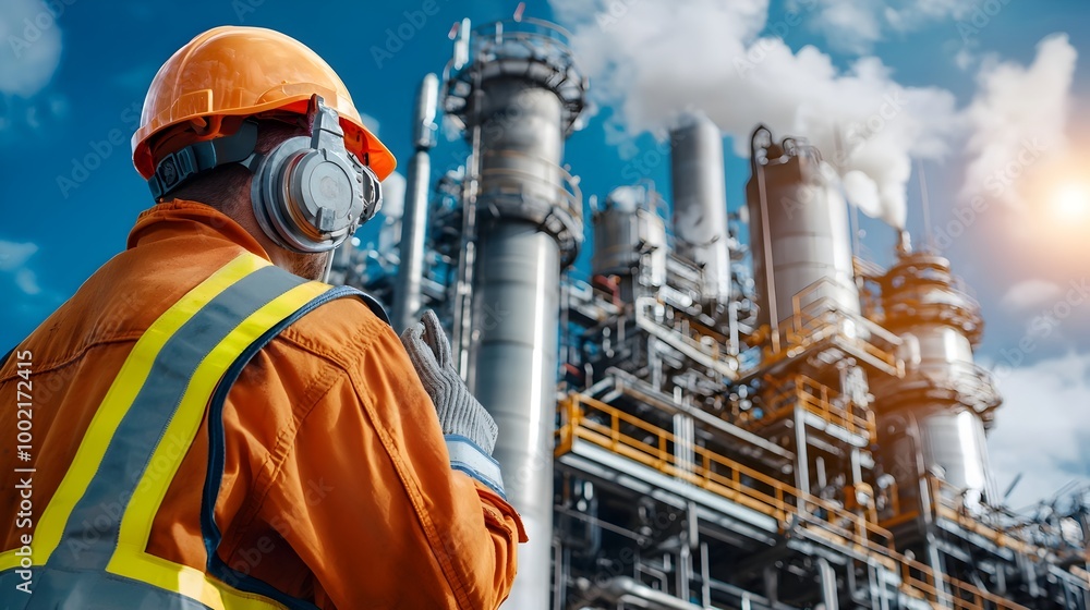 Poster automated industrial petroleum refinery facility capturing the intricate process of converting raw c