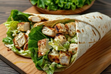 A fresh Caesar salad wrap with grilled chicken, romaine lettuce, croutons, and Caesar dressing, wrapped in a flour tortilla. Copy space
