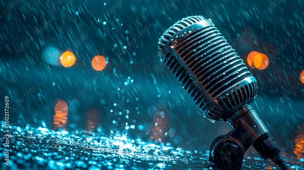 Poster backlit microphone standing solitary amid the splashing raindrops of a rainstorm capturing the atmos
