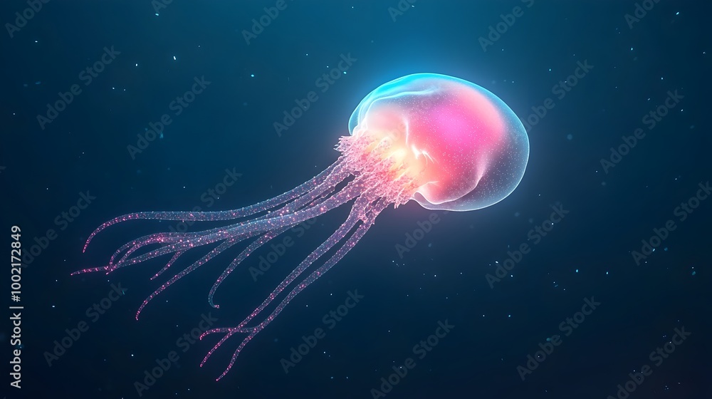 Poster breathtaking shot of a captivating siphonophore creature with its ethereal glowing tentacles stretch