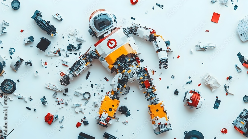Poster broken action figure with missing limbs pieces and parts scattered across a plain white background r