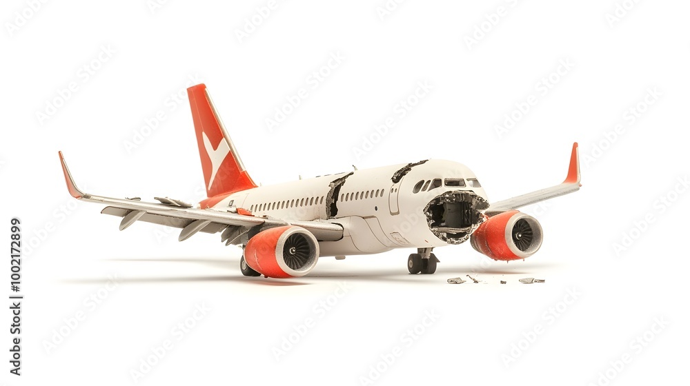 Poster broken and battered model airplane isolated on a plain white background revealing its intricate tech