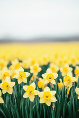 Fototapeta premium A vibrant field of yellow daffodils in full bloom under a clear sky, creating a cheerful and bright spring atmosphere.