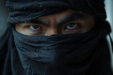 Naklejka premium Japanese ninja warrior dressed in samurai clothes holding a sharp sword