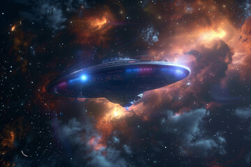 Iron oval UFO saucer hovering over beautiful landscape in dramatic sky